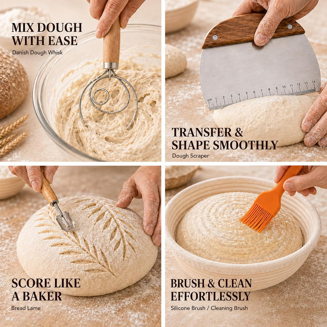 Sauerteig Starter Set mit Gärkörbchen, Komplettset Brot Backen Zubehör | 23 cm Rund &amp; 25 cm Oval Gär
