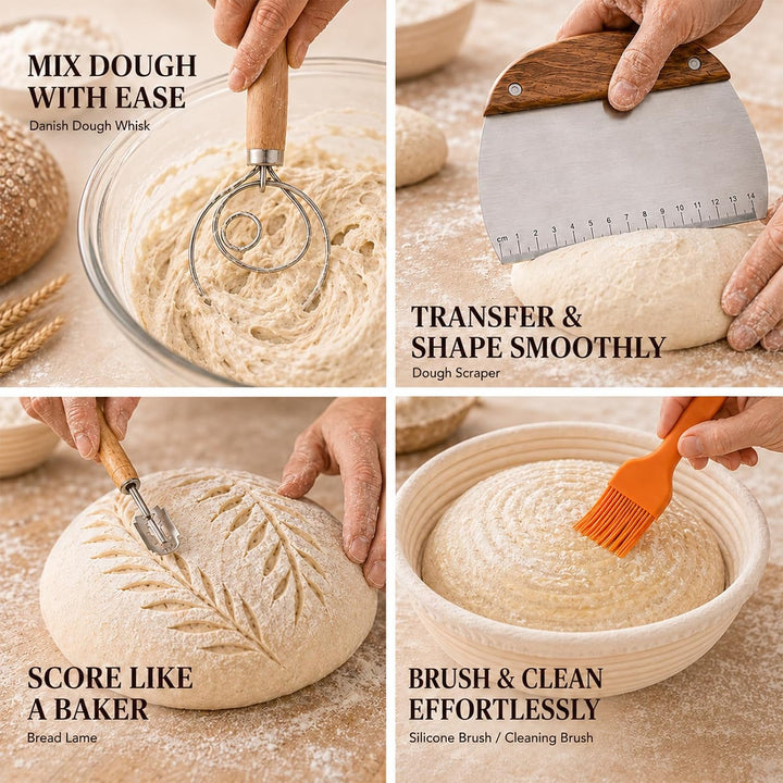 Sauerteig Starter Set mit Gärkörbchen, Komplettset Brot Backen Zubehör | 23 cm Rund &amp; 25 cm Oval Gär