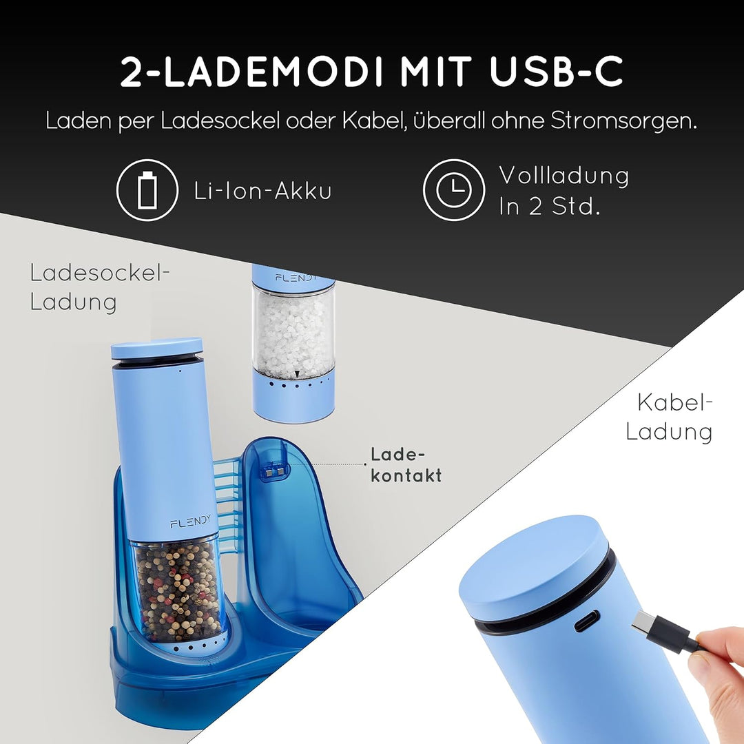 Flendy Salz und Pfeffermühle Elektrisch 2er Set, Elektrische Salz und Pfeffermühle Set mit USB-C Lad