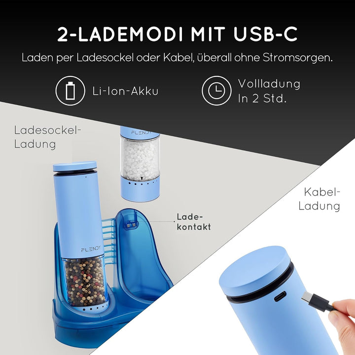 Flendy Salz und Pfeffermühle Elektrisch 2er Set, Elektrische Salz und Pfeffermühle Set mit USB-C Lad