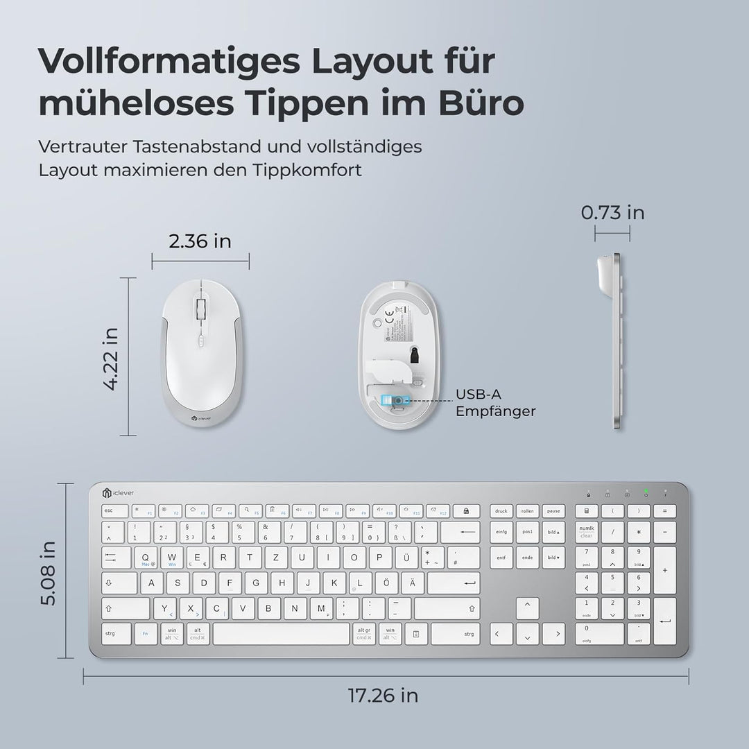 Tastatur Maus Set Kabellos, iClever Wiederaufladbare Funktastatur, Deutsch QWERTZ Layout, 2.4 GHz Fu