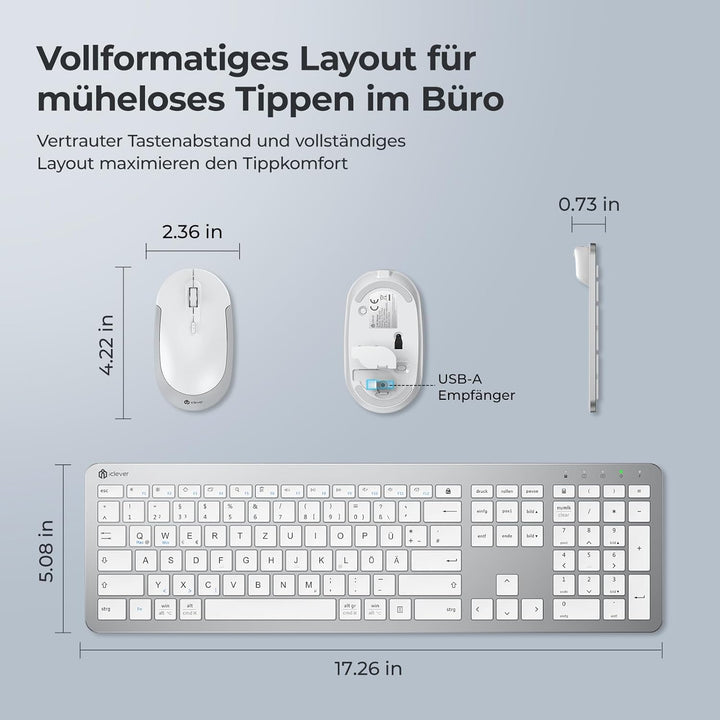 Tastatur Maus Set Kabellos, iClever Wiederaufladbare Funktastatur, Deutsch QWERTZ Layout, 2.4 GHz Fu