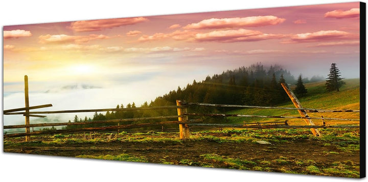Paul Sinus Art Panoramabild auf Leinwand und Keilrahmen 120x40cm Morgengrauen Landschaft Wald Wiese