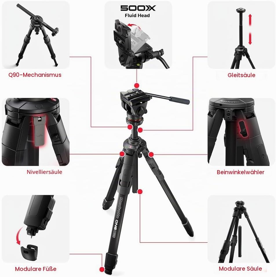 Manfrotto 500X Fluid Videokopf mit ONE Hybrid Aluminium Stativ – Foto &amp; Video Stativ Kit, 5kg Tragla