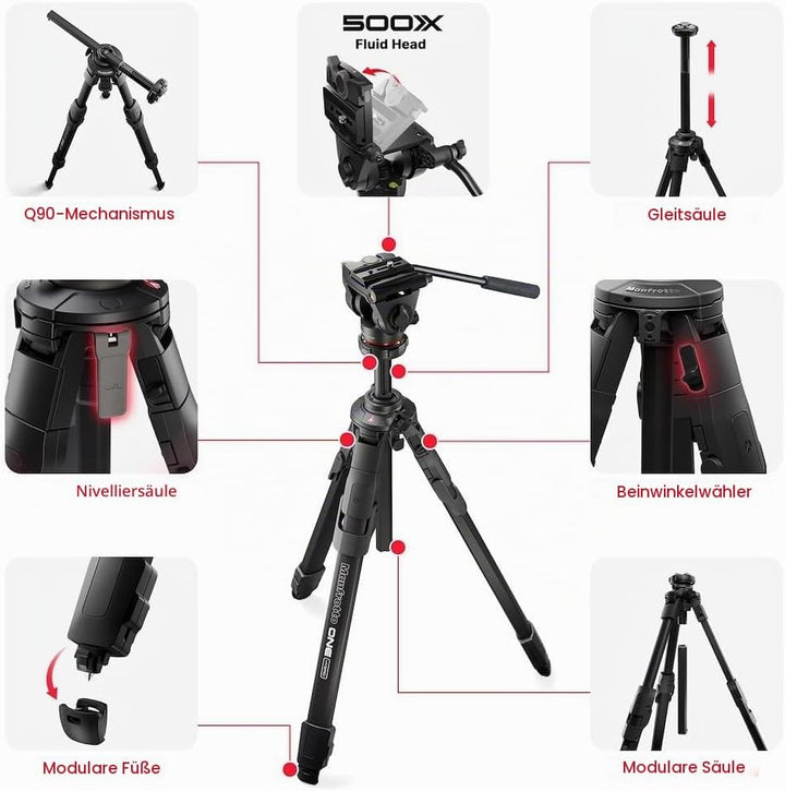 Manfrotto 500X Fluid Videokopf mit ONE Hybrid Aluminium Stativ – Foto &amp; Video Stativ Kit, 5kg Tragla