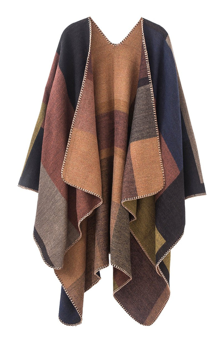 Damen Vintage Farbblocking Schal Wrap Open Front Poncho Übergrosse Winterdecke Elegant Cape Coat Ein