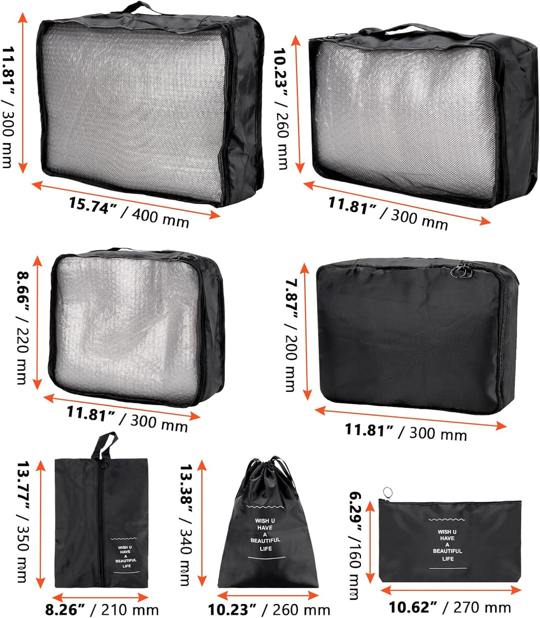 SINJEUN 2 Sätze Koffer Organizer Set, 14 Stück Schwarz Packing Cubes, Reise Organizer Set für Koffer