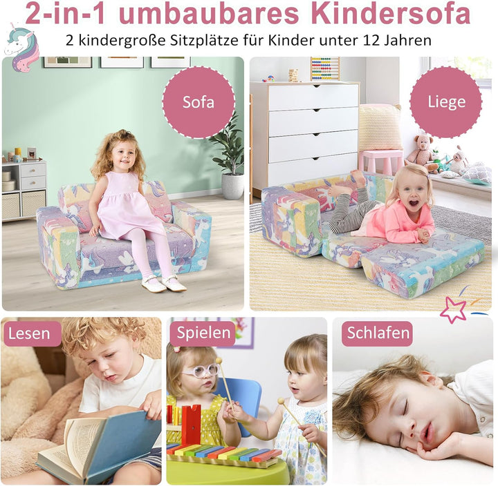 DREAMADE 2-in-1 Kindersofa ausklappbar, Kindersessel aus Flanellstoff mit leuchtenden Mustern, abneh