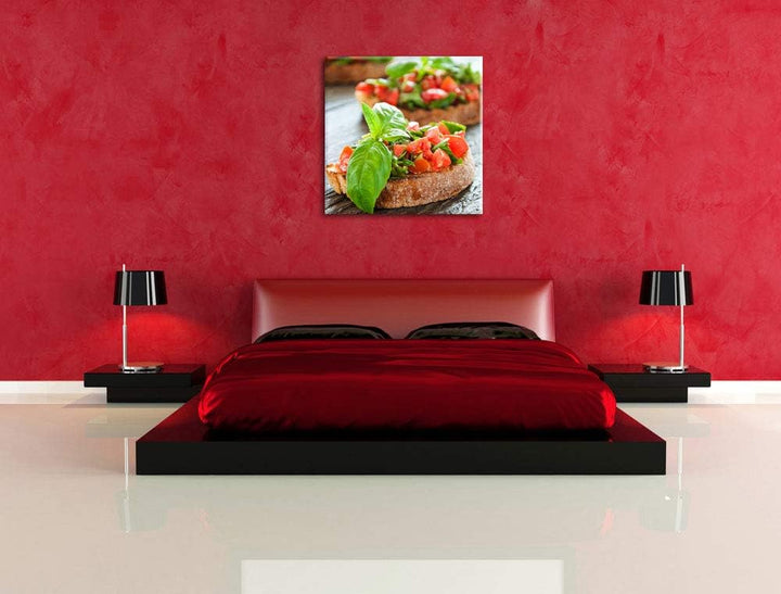 Pixxprint Köstliche Tomaten Bruchetta, Format: 70x70 auf Leinwand, 70x70
