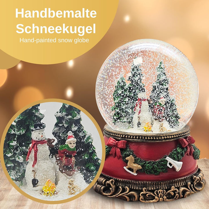 Schneekugel Schneemann Steht Kind auf Schlitten | Sockel Weihnachten rot Tannengirlande | mit Spielu