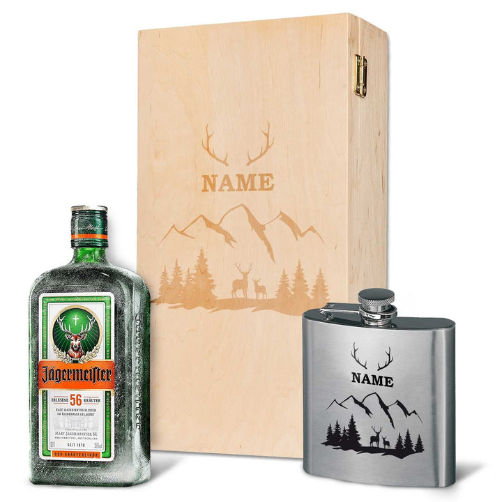GRAVURZEILE Flachmann Geschenkset - Edelstahl Flachmann 150 ml mit Gravur im Set - inkl. Jägermeiste