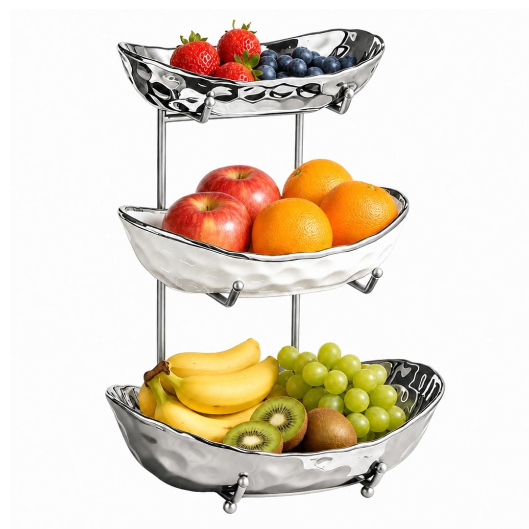 3-stufiger Obst Etagere Obstschale Keramik, Snackteller mit Metallgestell, für Küche, Wohnzimmer (We