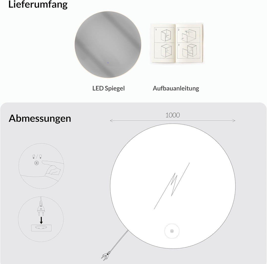 Planetmöbel NOVA Badspiegel mit Beleuchtung rund 100x100 Badezimmerspiegel Spiegel mit licht dimmbar