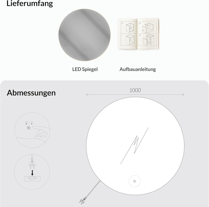 Planetmöbel NOVA Badspiegel mit Beleuchtung rund 100x100 Badezimmerspiegel Spiegel mit licht dimmbar