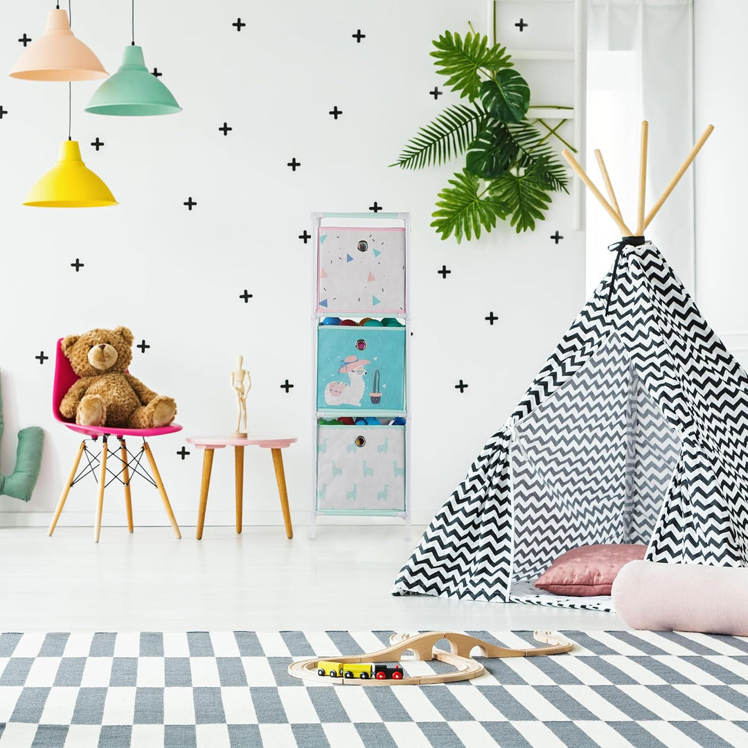 Relaxdays Kinderregal mit 4 Boxen, Jungen & Mädchen, Lama-Design, Regal Kinderzimmer, Spielzeug, HBT