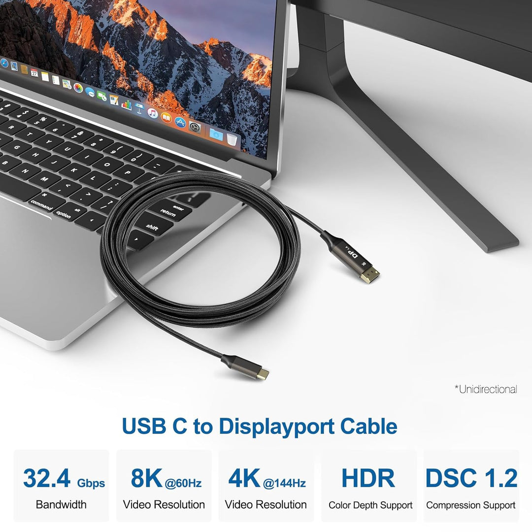 USB C auf DisplayPort 1.4 Kabel 3.0 m, [8K @ 60Hz, 4K @ 144Hz] Thunderbolt 4/3 auf DP Kabel Unterstü