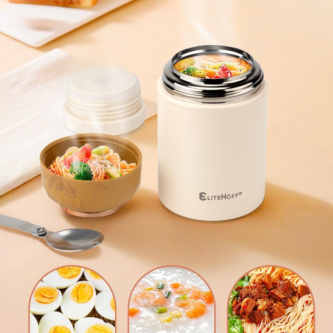 EliteHoff Thermobehälter für Essen, 500 ml, Wärmebehälter für Speisen aus Edelstahl mit Löffel, Ausl