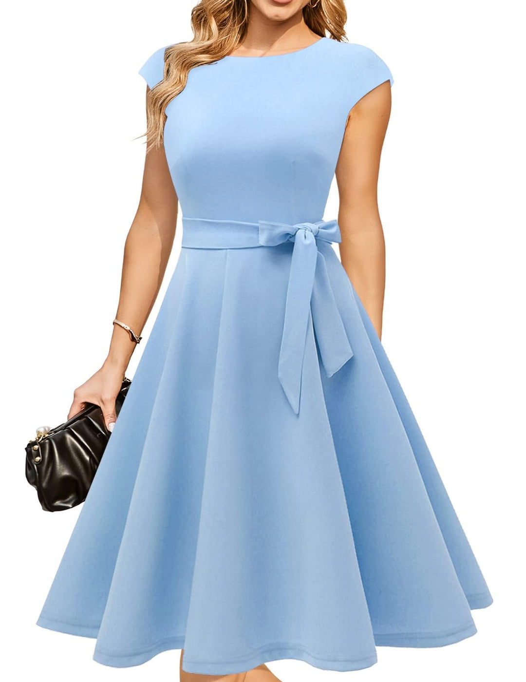 DRESSTELLS Damen Vintage Retro 1950er Cocktaikleid A-Line Swing Festlich Midilang Kleid Blau M, L