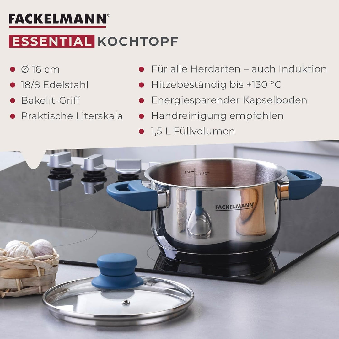 Fackelmann Kochtopf Essential Ø 16 cm, Edelstahl, mit ergonomischen Bakelit-Griffen, für alle Herdar