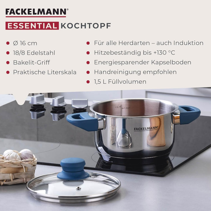 Fackelmann Kochtopf Essential Ø 16 cm, Edelstahl, mit ergonomischen Bakelit-Griffen, für alle Herdar