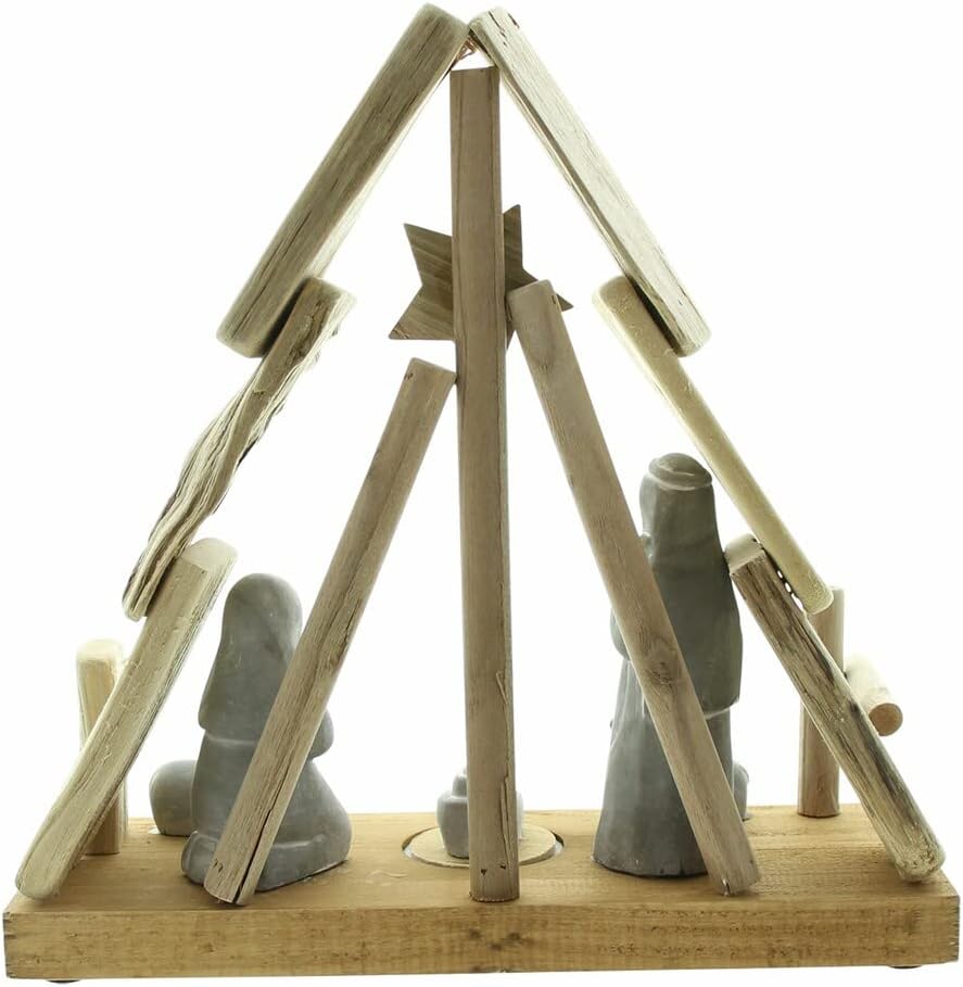 Dekoleidenschaft Weihnachtskrippe mit LED Beleuchtung, Krippenstall aus Buchenholz, Figuren aus Beto