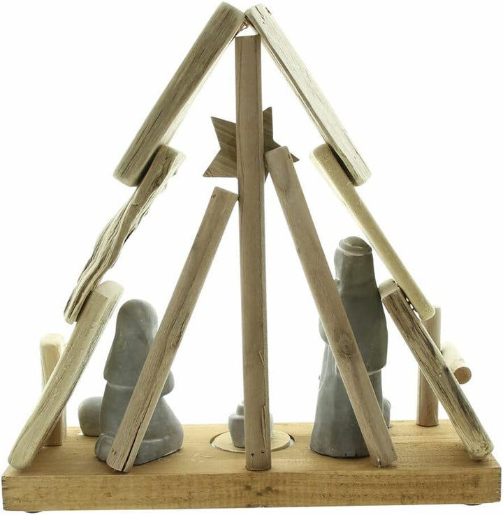 Dekoleidenschaft Weihnachtskrippe mit LED Beleuchtung, Krippenstall aus Buchenholz, Figuren aus Beto