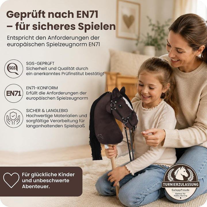 GaloppFreude® Hobby Horse Pferde Braunschecke – Grosses A3 Steckenpferd mit Schraubstab & Trense – H