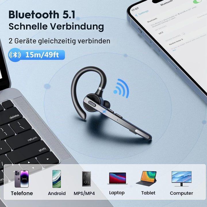 New Bee Bluetooth Headset, V5.1 Wireless Freisprech Headset mit 72h Spielzeit und CVC 8.0 Dual ENC G