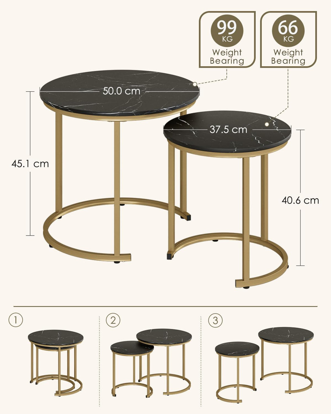 Couchtisch Rund 2er Set, Wohnzimmertisch, Beistelltische Gold Metall, Kaffeetisch für Sofatisch, Woh