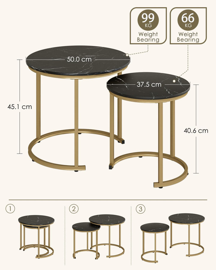 Couchtisch Rund 2er Set, Wohnzimmertisch, Beistelltische Gold Metall, Kaffeetisch für Sofatisch, Woh
