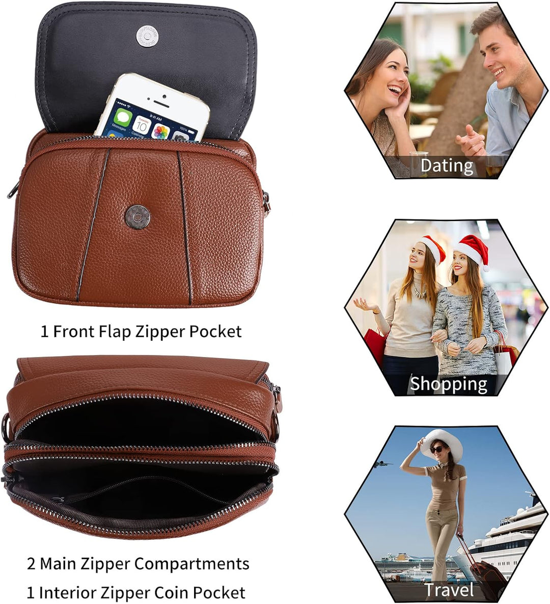 HAWEE Damen Handy Umhängetasche Echtes Leder Crossbody Schultertasche mit 3 Reissverschlüsse Kleine