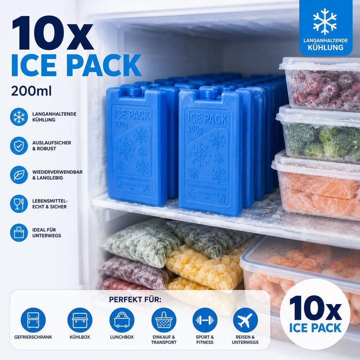 10x Kühlakkus 200 ml – Wiederverwendbare Kühlpacks für Kühlbox, Kühltasche & Lunchbox – Auslaufsiche