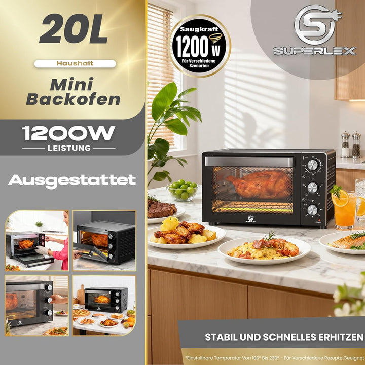 SUPERLEX Mini Backofen 21L Mit Umluft 1200W Ofen Klein 70°C-230°C Tischbackofen 6 Heizmodi 60 Min Ti