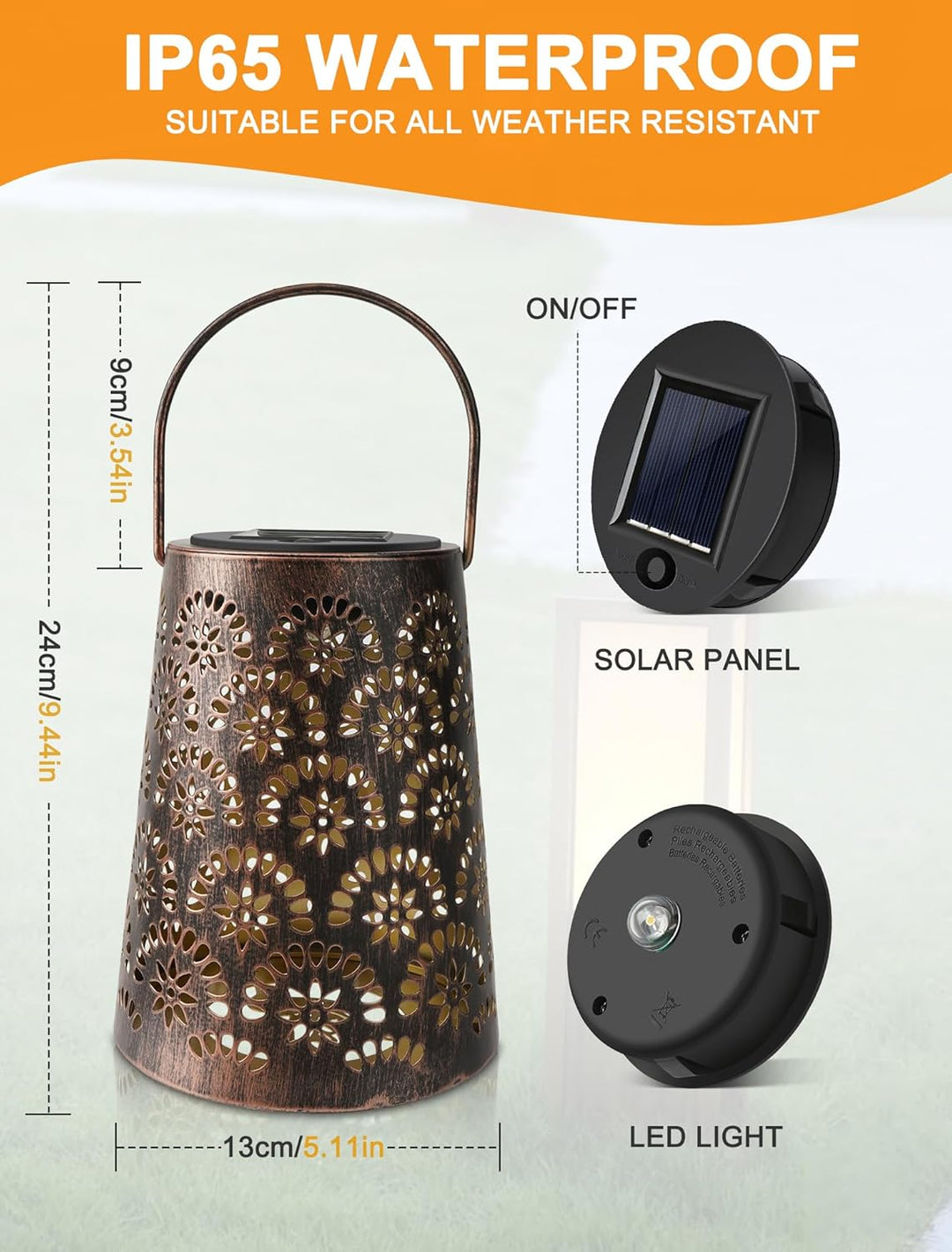 OUILA Solarlampen für Aussen, 2 Stück Wetterfeste Metall Gartenleuchte mit IP65 Schutz, Dekorative H