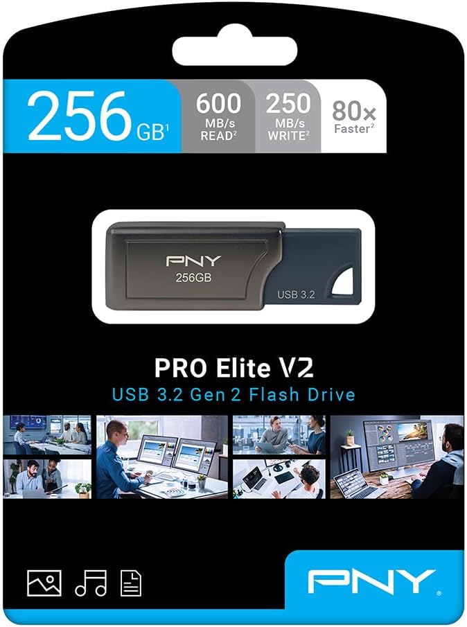 PNY 256GB PRO Elite V2 USB 3.2 Gen 2 Flash-Laufwerk, bis zu 600 MB/s Lesegeschwindigkeit, Dunkelgrau