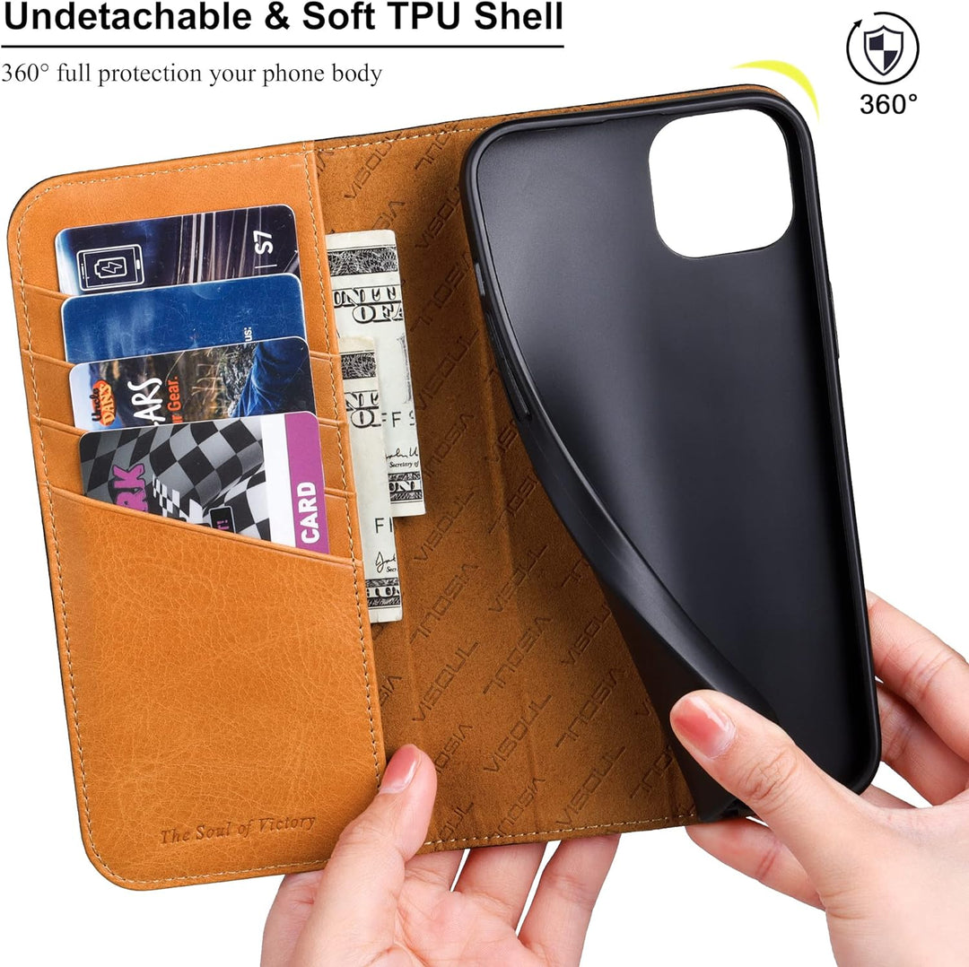 VISOUL iPhone 14 Plus Hülle, Handyhülle [100% Carbon Leder] [RFID Schutz] [Schützt vor Stoss] [Stand