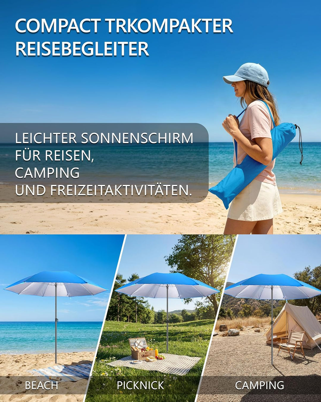 4smile Sonnenschirm Strand Ø 160 cm - UPF 50+ Praktischer Reise Sonnenschirm für Koffer - Funktionel