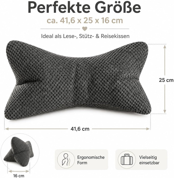 ReWu Leseknochen Mittelgrau 41,6 x 25 x 16 cm | Ergonomisches Stützkissen mit weicher Struktur, Form