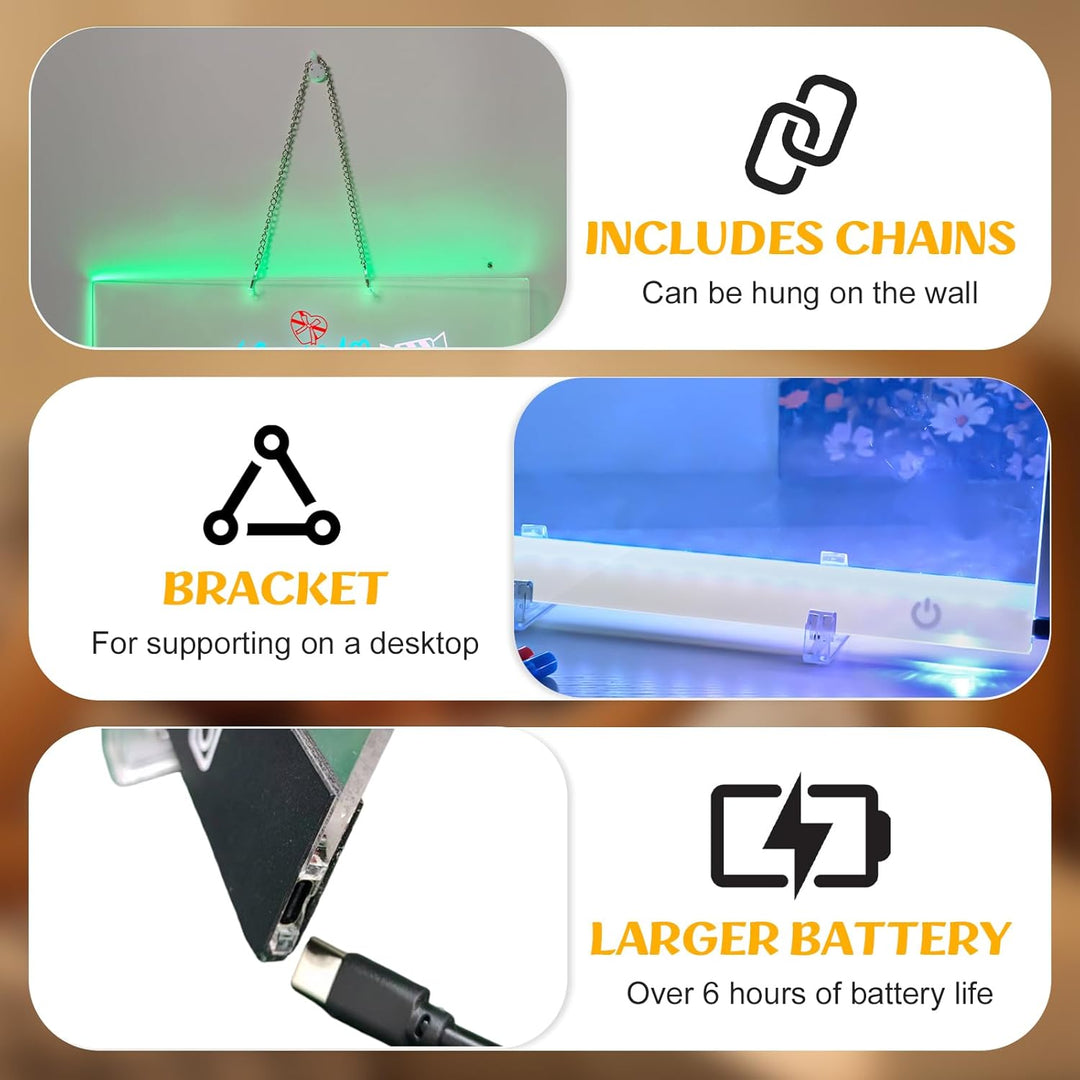 LED Notiztafel mit Farben,Wiederaufladbares Zeichenbrett 35x25cm mit 10 Lichtmoden,Aufhängbar Leucht