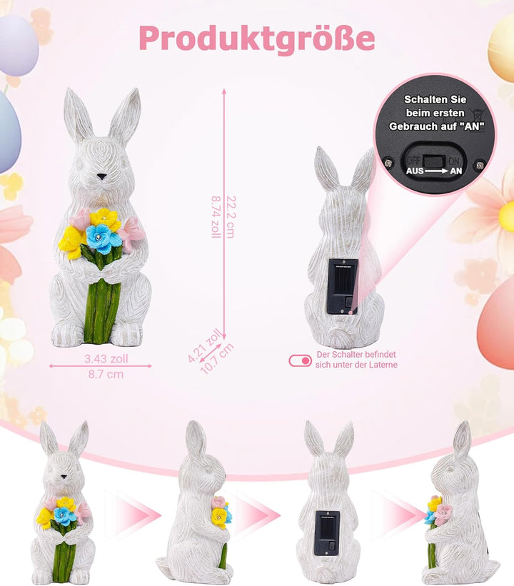 Yeomoo Kaninchen Figuren mit Blumen Solarlampen Gartendeko Deko Zimmer - Lustige Hase mit Solarleuch