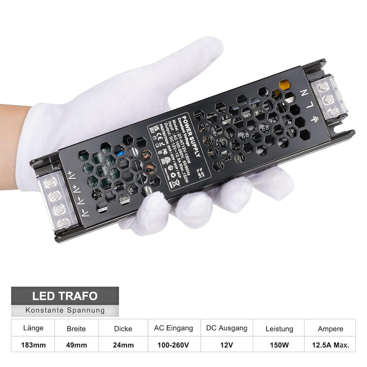 REYLAX LED Trafo 12V 150W Trafo 230V auf 12V 12.5A Treiber Gleichstrom LED Netzteil Flach Niedervolt