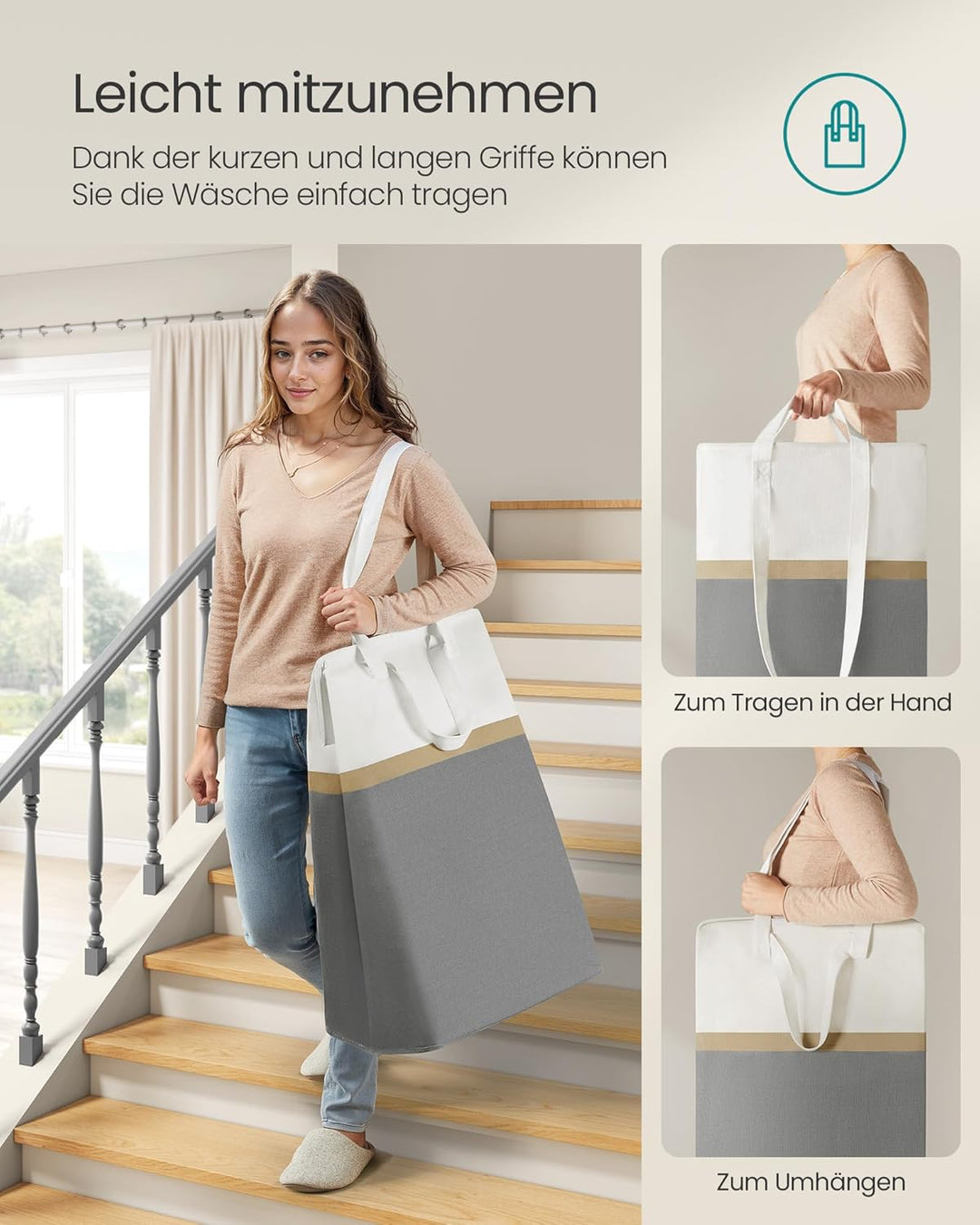 SONGMICS Wäschekorb 2er Set, 75 L Wäschesammler faltbar, mit kurzen und langen Griffen, leicht zu tr