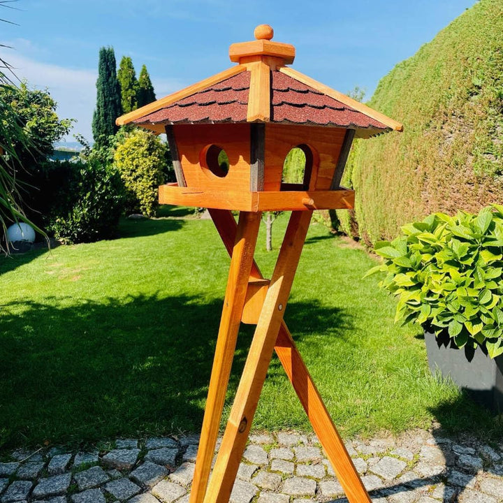 Vogel Futter Haus L oder XL Sechseck Holz Vogelhaus Futterstelle Braun/Blau, Rot, Schwarz und Grün (