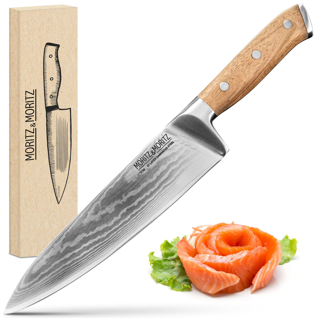 Moritz & Moritz Damastmesser 20 cm - Profi Kochmesser aus 67 Lagen Damaststahl - Scharfes Küchenmess