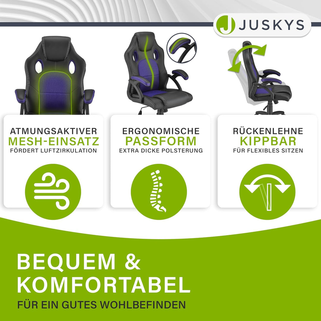 Juskys Racing Schreibtischstuhl Montreal violett | Armlehnen gepolstert & ergonomische Rückenlehne |
