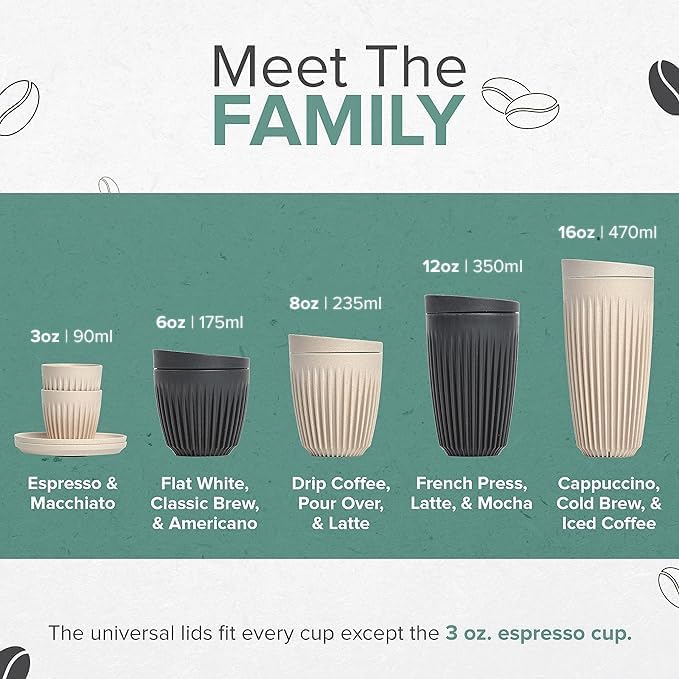 Huskee Cup & LID Charcoal | Wiederverwendbare Kaffee & Tee-Becher aus Kaffee-Schalen Schwarz 2 Stück