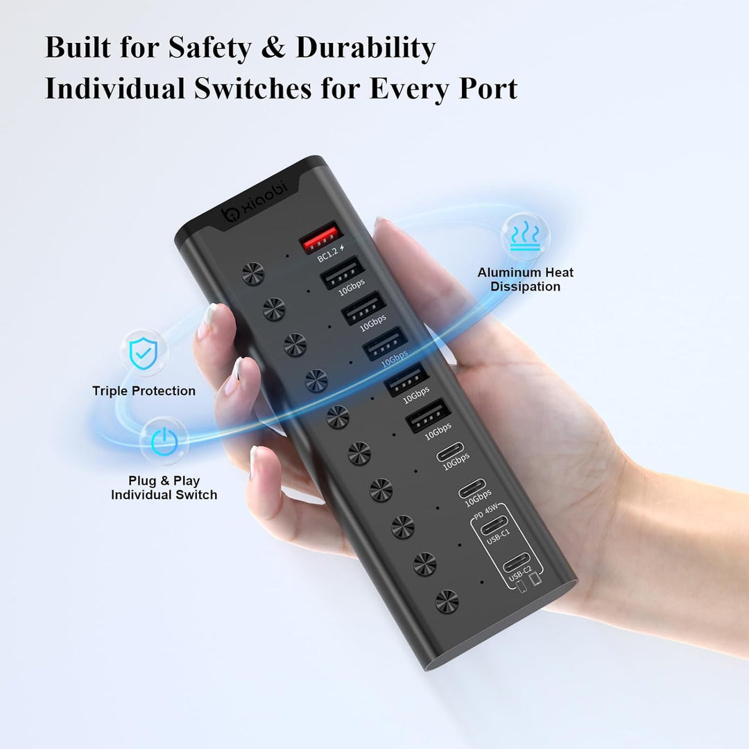 Aktiver USB-Hub, 10-Port USB-C-Hub mit 5X USB-A 3.2 und 2X USB-C 3.2, BC1.2 & 2X PD 45W Ladeports, E