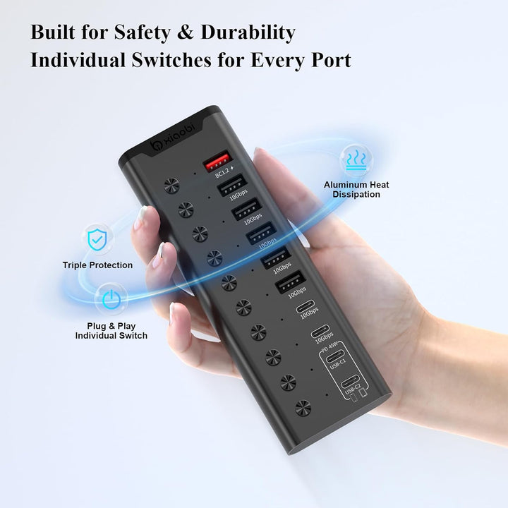 Aktiver USB-Hub, 10-Port USB-C-Hub mit 5X USB-A 3.2 und 2X USB-C 3.2, BC1.2 & 2X PD 45W Ladeports, E