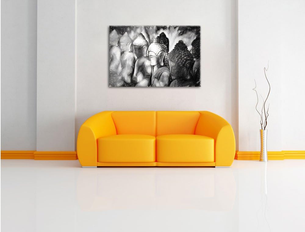 Pixxprint Buddha-Statuen in Einer Reihe / 100x70cm Leinwandbild bespannt auf Holzrahmen/Wandbild Kun