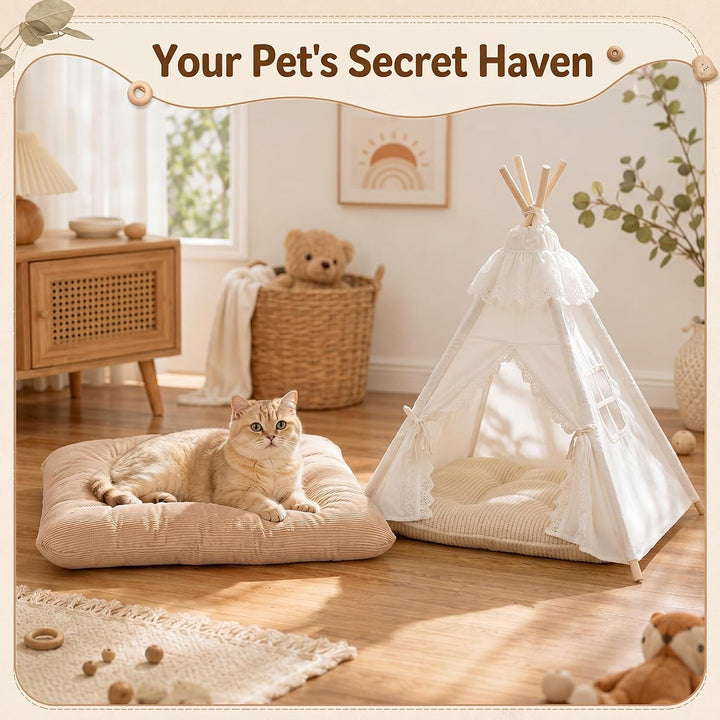 Tipi Zelt für Hunde und Katzen 40x40x50cm, 5-Eckiges Kiefernholz Haustierzelt mit Doppelseitigem Kis